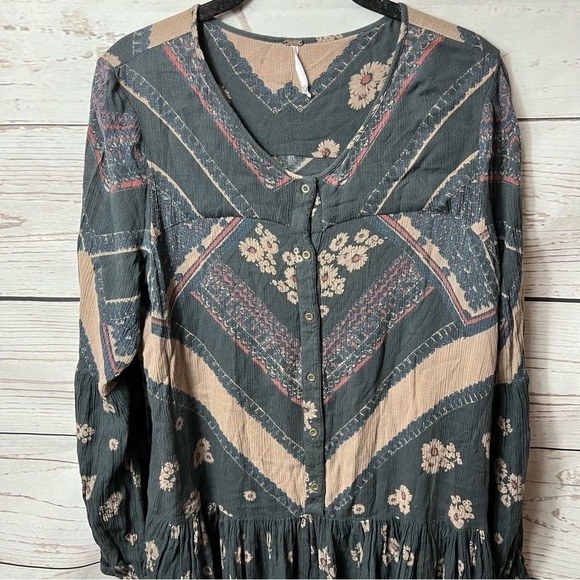 Free People Floral Chevron Pheasant Long Sleeve Tunic Dress - Picture 3 of 8